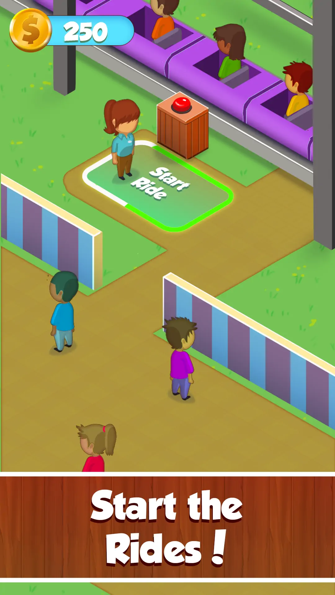 Rollercoaster Retreat panel with revenue and upgrade UI.