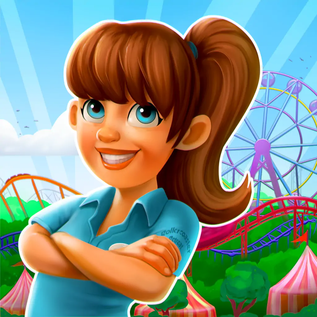 Rollercoaster Retreat app icon with a park host waving in front of a coaster.