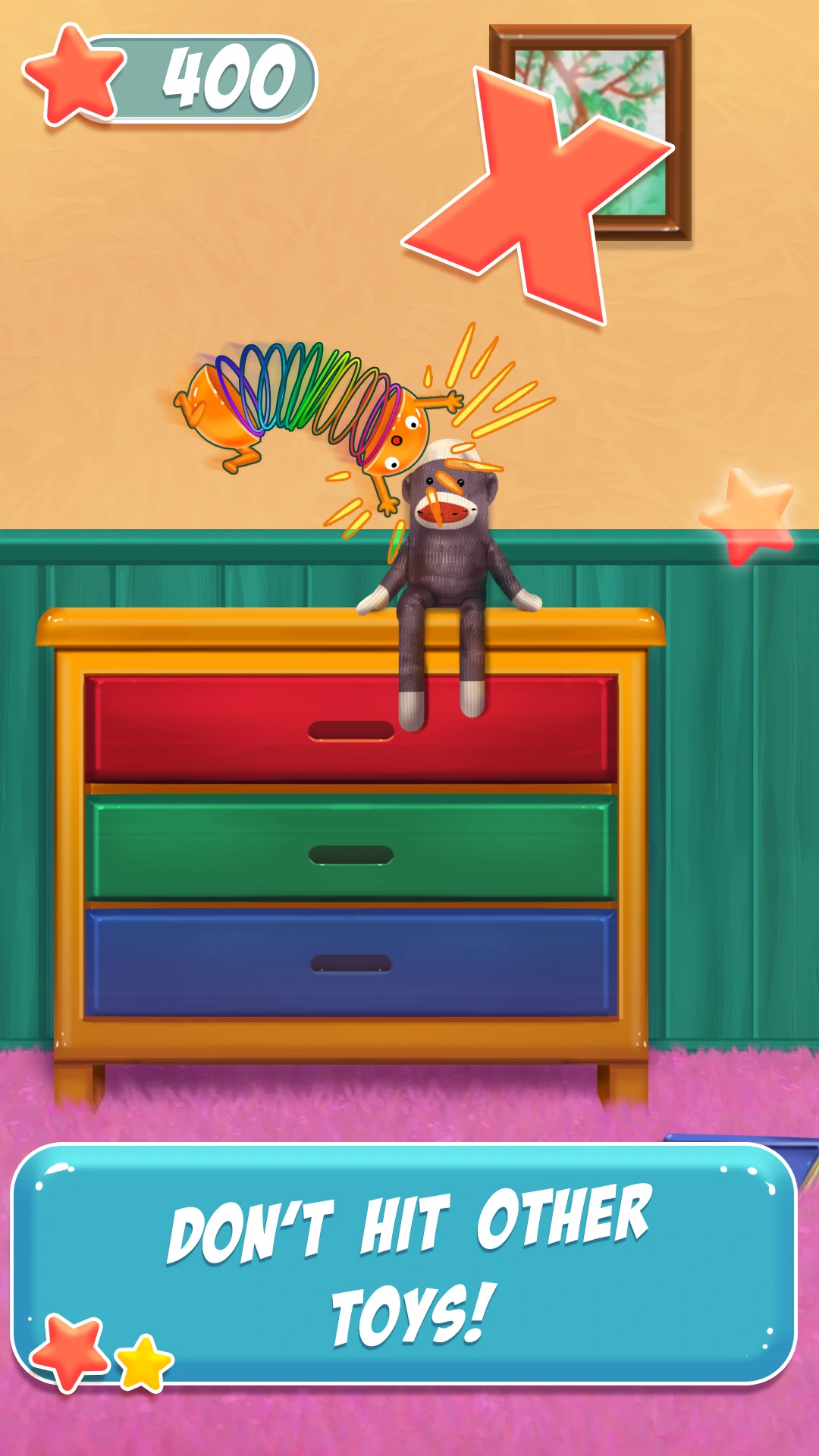 Spring Flip 3D level art with moving obstacles in a kid's bedroom.
