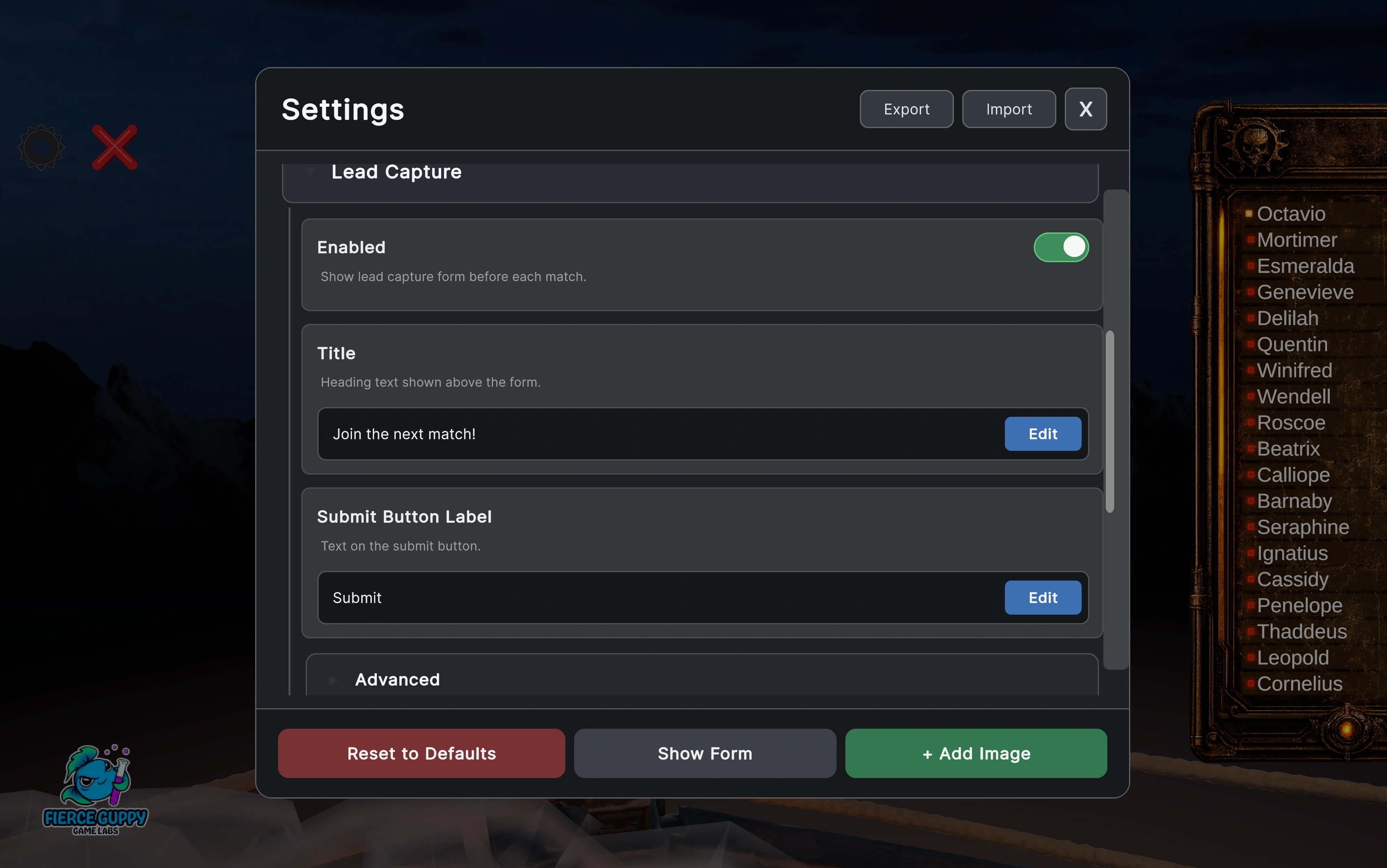 Balloon Pop lead capture settings