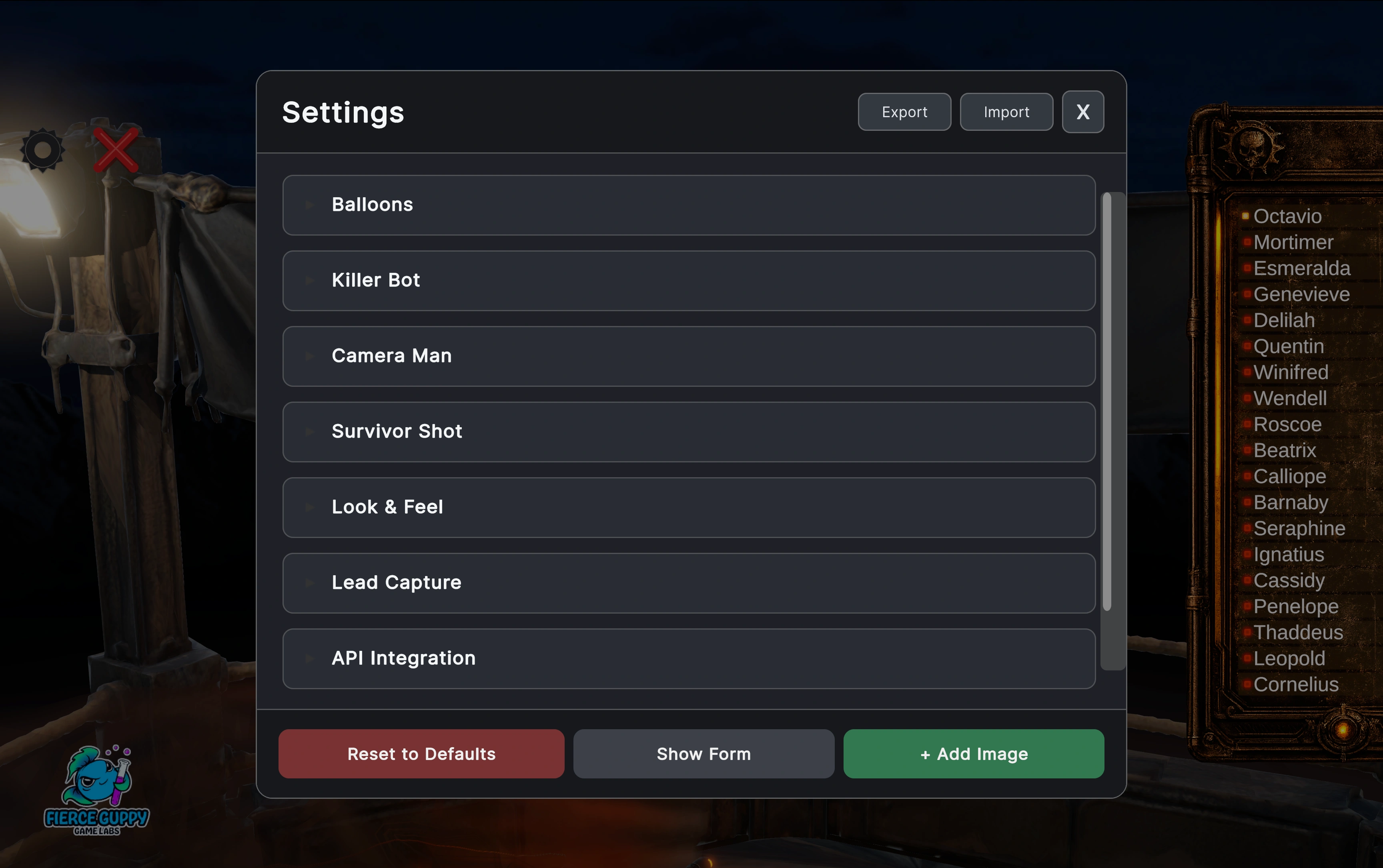 Balloon Pop overall settings panel