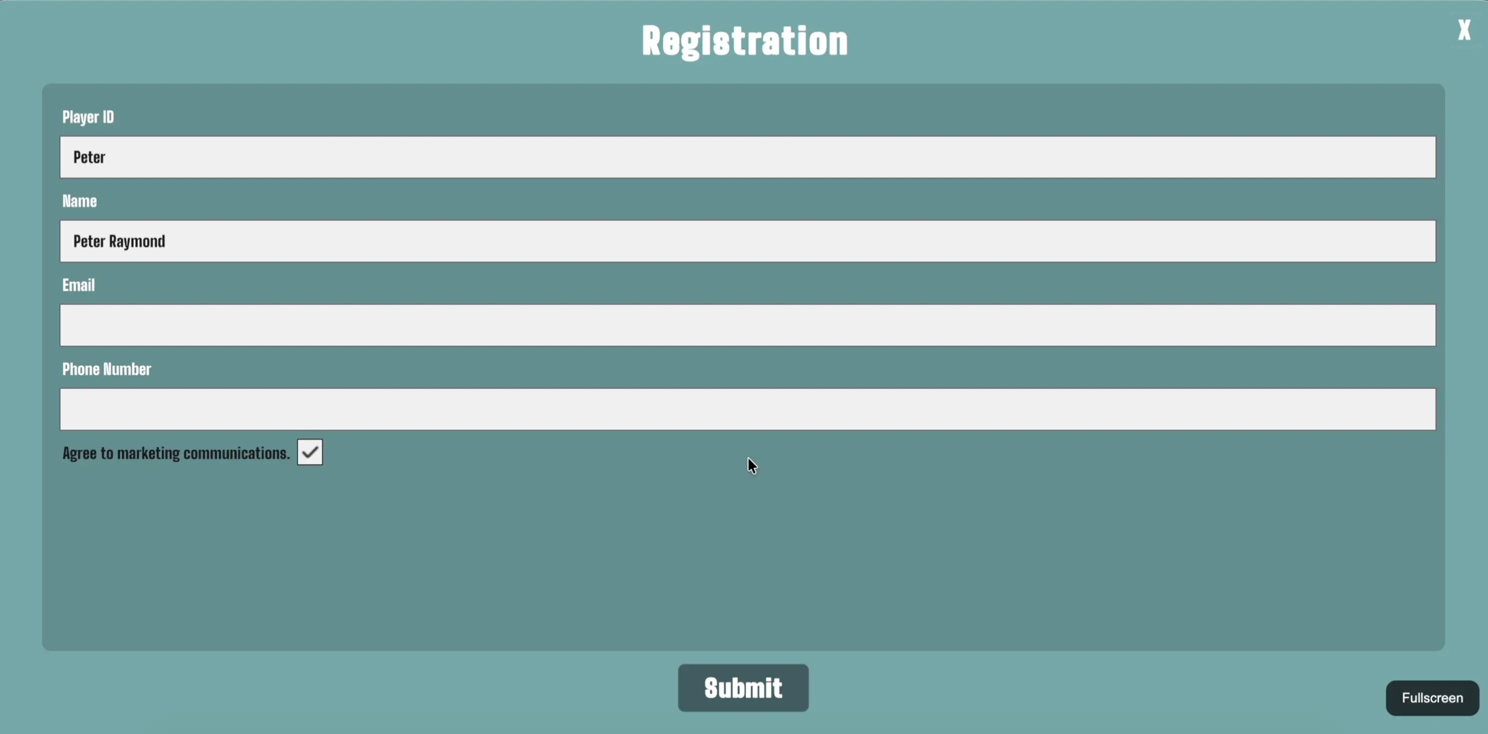 Endless Runner player registration screen
